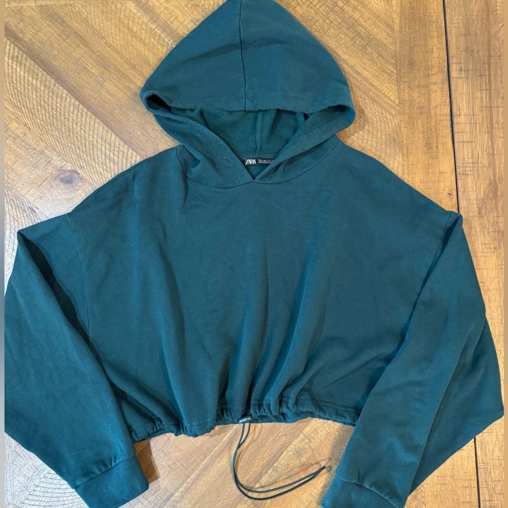Zara Dark Green Super Soft Crop Drawstring Hoodie
